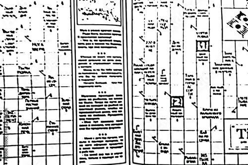 Grunge texture of a printed page of a newspaper, magazine, columns of printed text, graphs with unreadable text. Abstract monochrome background with dirt, ink. Vector illustration. Overlay template