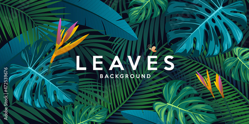 Tropical green leaf and colorful flower banner design background, Eps 10 vector illustration
