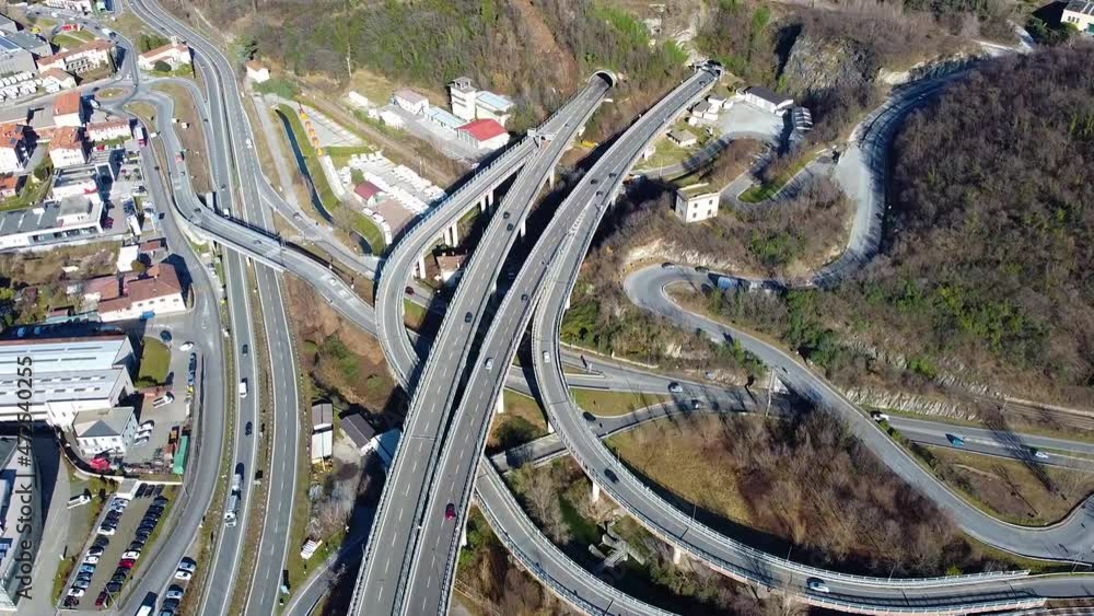 Car junction with cars, drone shot, highway Car junction with cars, drone shot, highway