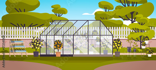 backyard planting greenhouse glass orangery botanical garden with flowers and potted plants