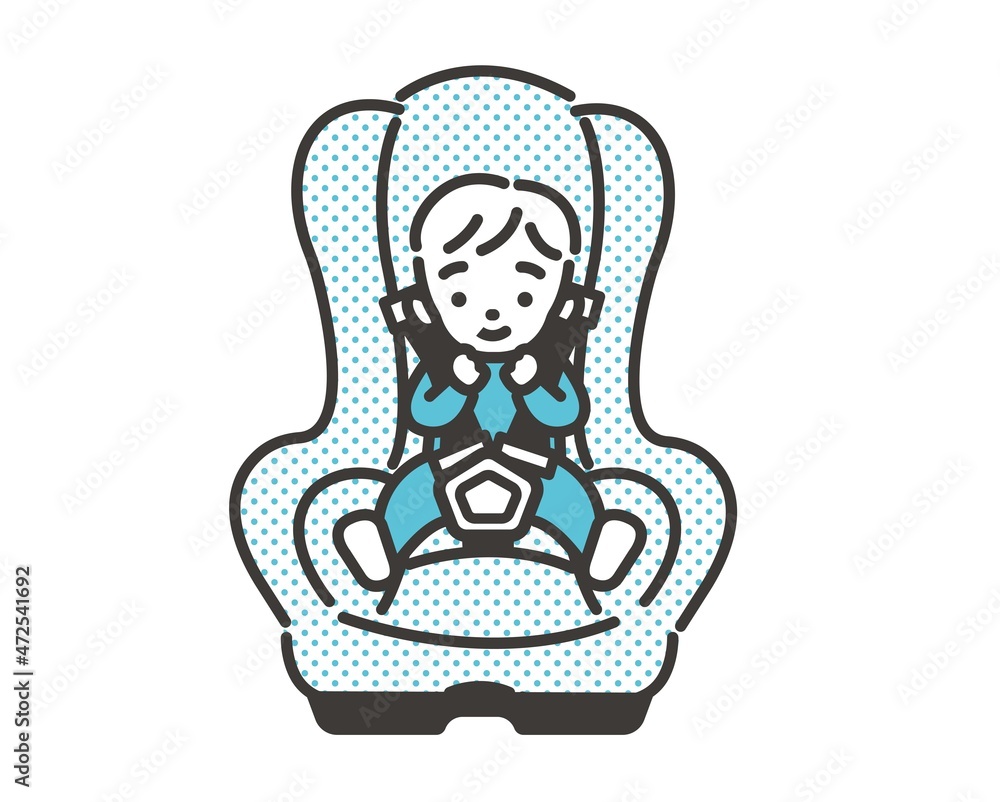 Obraz premium 笑顔でチャイルドシートに座る赤ちゃんのベクターイラスト素材／車／旅行／赤ちゃん／子育て