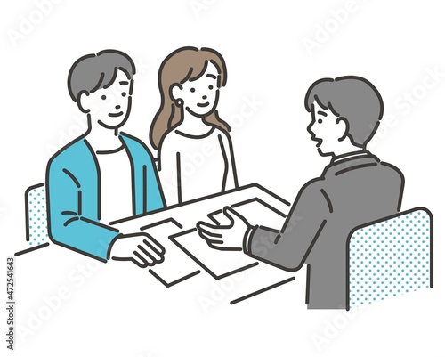 カップル(夫婦)のお客様に説明や提案をするビジネスパーソンのベクターイラスト素材／サラリーマン／説明／保険