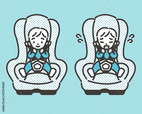 
チャイルドシートを嫌がる赤ちゃんと笑顔の赤ちゃんのベクターイラスト素材／車／旅行／赤ちゃん／子育て