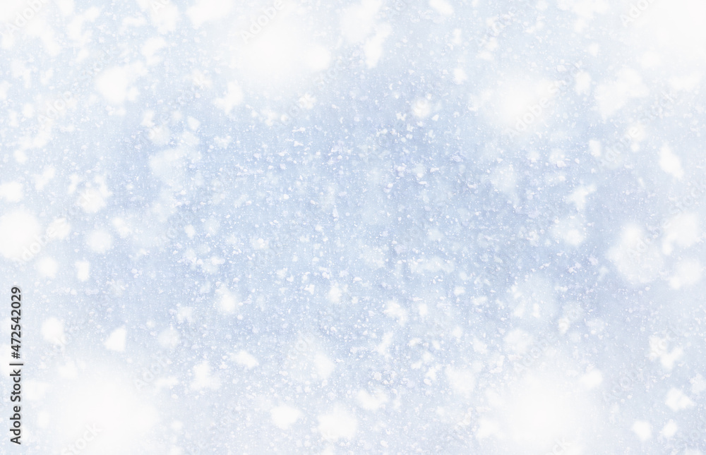 Beautiful winter background of snow and blurred forest in background, Gently falling snow flakes against blue sky, free space for your decoration. for your decorations. Wide panorama format.