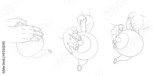 Hands pouring tea from teapot vector sketch set. Teapot from different sides.