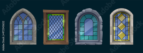 Cartoon stained glass windows, catholic church, medieval gothic interior or exterior architecture design elements of rectangular and arched shapes. Antique facade construction Vector illustration set