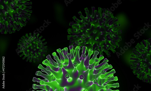 3D Microscopic Covid-19 pandemic. Green omicron virus mutation.