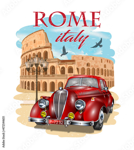 Rome typography for t-shirt print with Colosseum and retro car.Vintage poster.