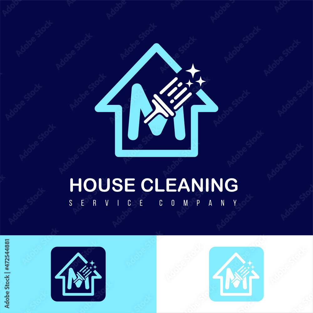 Modern Simple Cleaning Service, House Care and Maintenance Business Logo Design Idea with Initial M Letter on Home and Brush Sparkling Modern Simple Cleaning Service, House Care and Maintenance Business Logo Design Idea with Initial M Letter on Home and Brush Sparkling