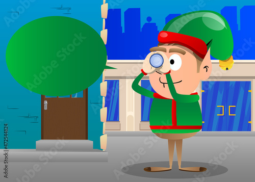 Christmas Elf holding binoculars in his hands. Vector cartoon character illustration of Santa Claus's little worker, helper.