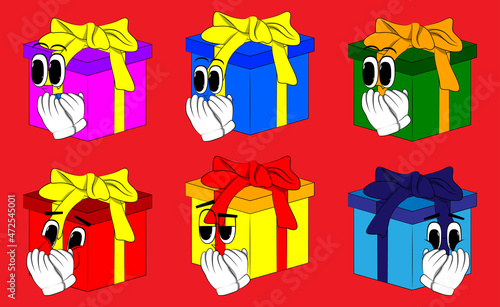 Gift Box with with hands over mouth as a cartoon character. Holiday, Celebration surprise with happy face emotion.