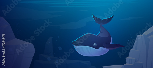 Blue whale swim in ocean space with rocks around. Marine animal, wildlife creature in sea environment, fauna species, underwater life, ecology conservation, save planet, Cartoon vector illustration