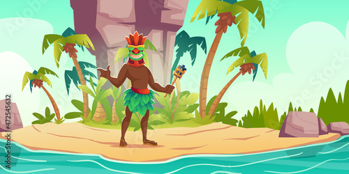 Tiki man in mask holding torch in hand on tropical island, aboriginal native male character with tribal wooden totem, hawaiian or polynesian personage with toothy face Cartoon vector illustration