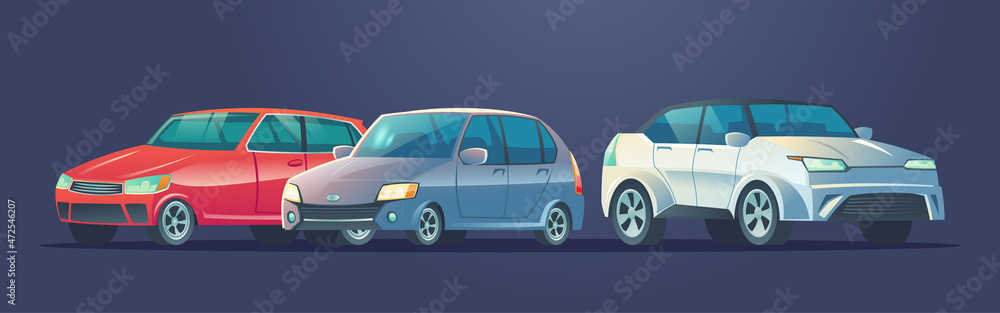 Modern cars, automobiles set. Auto collection, white, red and gray vehicles isolated on blue background. Vector cartoon illustration of passenger motor cars with sedan and hatchback cab