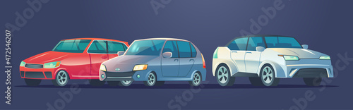 Modern cars  automobiles set. Auto collection  white  red and gray vehicles isolated on blue background. Vector cartoon illustration of passenger motor cars with sedan and hatchback cab