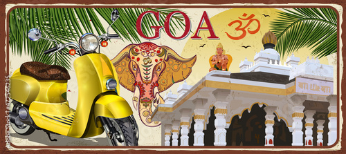 Goa,India vintage metal sign with retro scooter, vector illustration. 