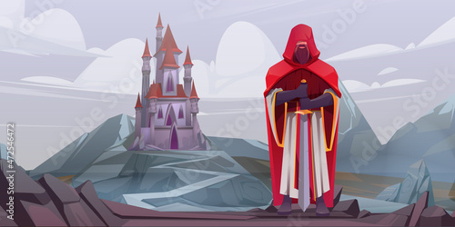 Knight standing with sword on background of medieval castle. Vector cartoon fairytale illustration of warrior or paladin in red cloak and stone mountain valley with royal palace on rock