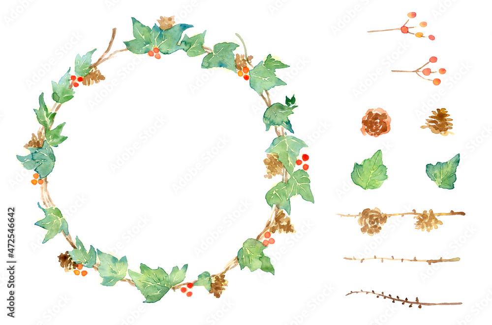 Watercolor painting of a wreath with ivy, pine cones and red berries. - obrazy, fototapety, plakaty 