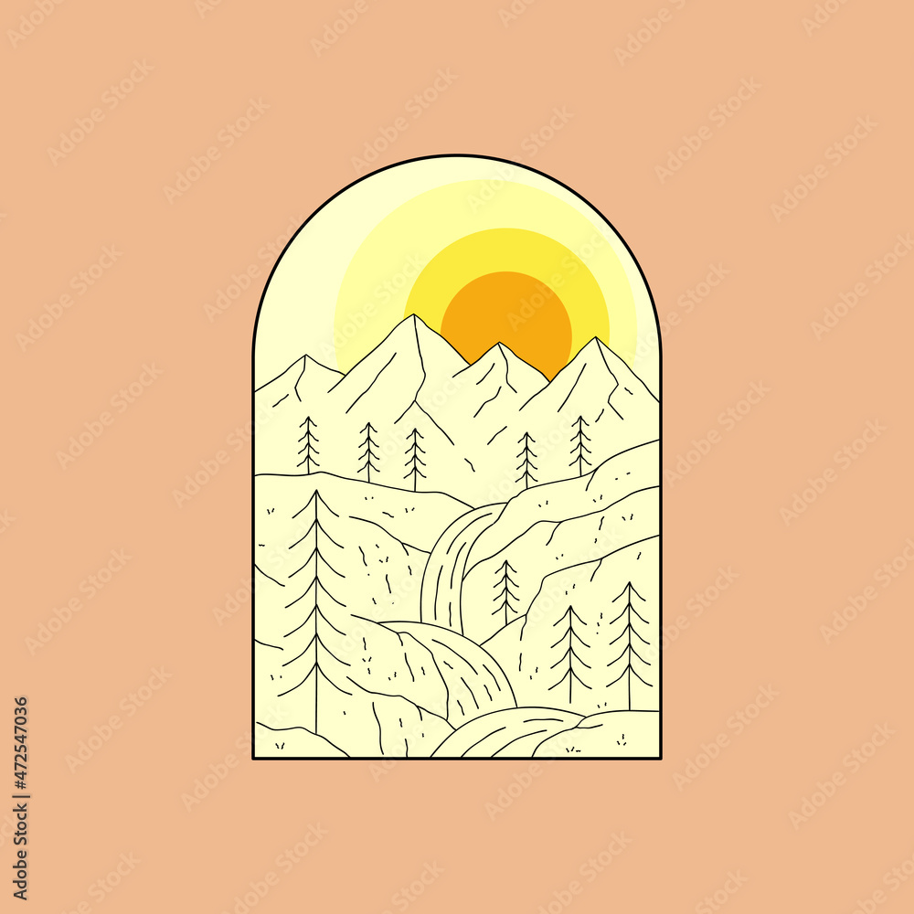 Fototapeta premium view of mountains and terraced waterfall in mono line art, patch badge design, emblem design, T-Shirt Design