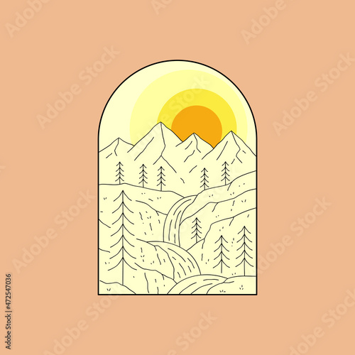 view of mountains and terraced waterfall in mono line art, patch badge design, emblem design, T-Shirt Design
