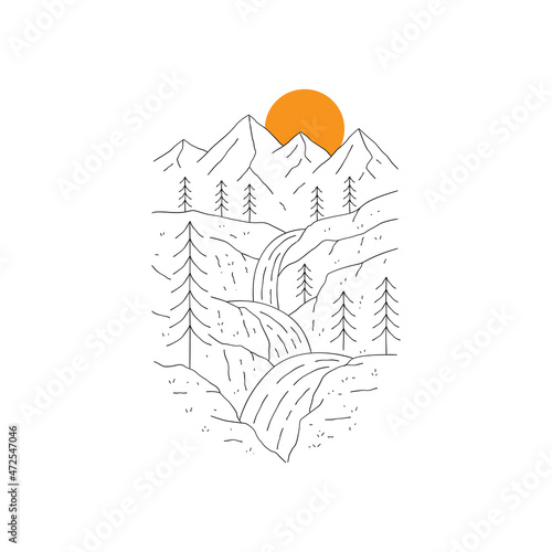 view of mountains and terraced waterfall in mono line art, patch badge design, emblem design, T-Shirt Design
