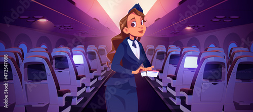 Stewardess with ticket inside airplane cabin. Woman air hostess check boarding pass. Vector cartoon illustration of plane interior with empty chairs and girl in professional uniform with flight coupon