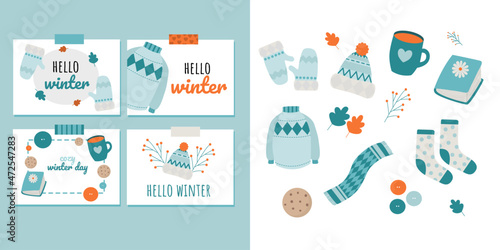 set of winter elements with hello winter postcard design vector