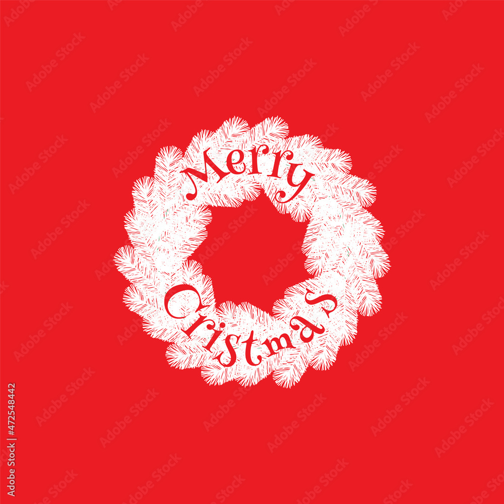 Minimalistic Christmas banner with white wreath and lettering on red background. Creative vector illustration. Festive simple backdrop