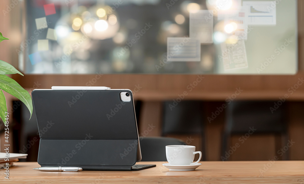 Rear view of portable tablet with magic keyboard. Rear view of portable tablet with magic keyboard.