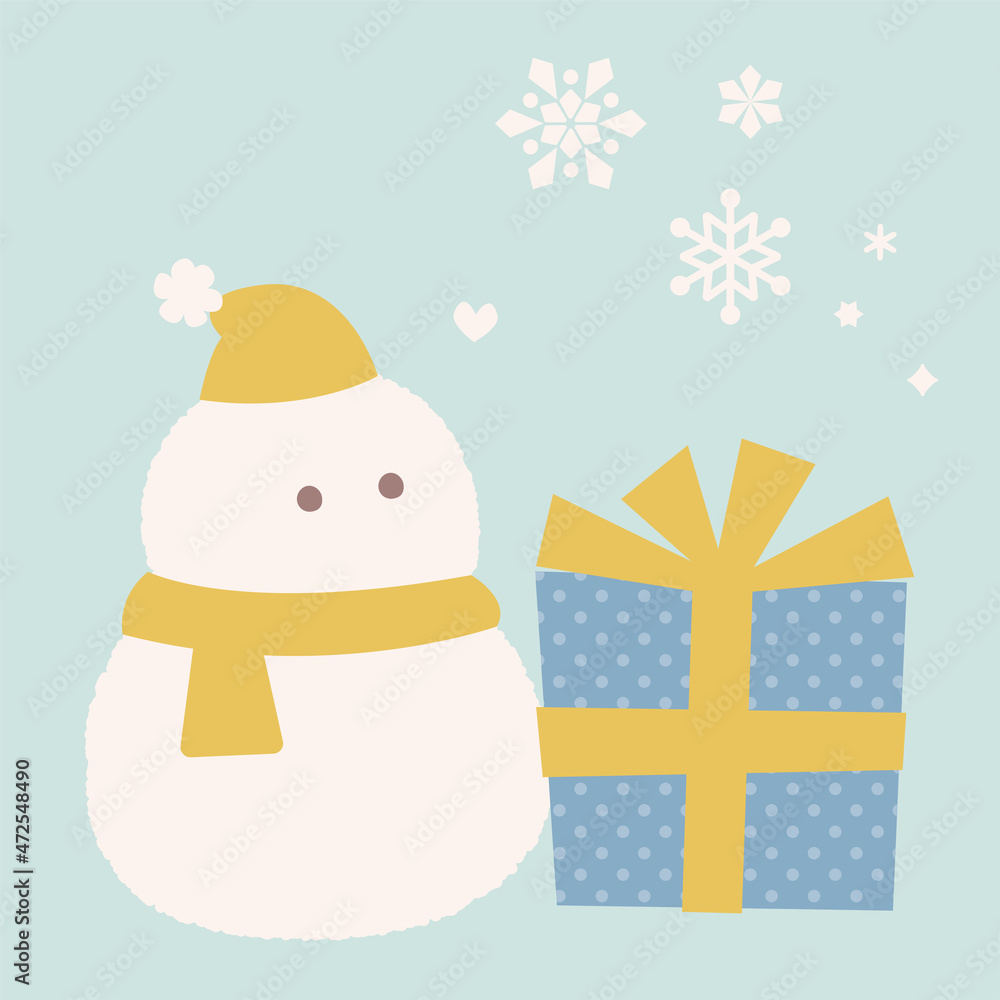 Fototapeta premium 雪だるまとプレゼントが並んでいるイラスト 