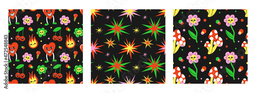 Comic characters seamless pattern. Psychedelic 80s objects with faces, bright emoji, hand drawn flowers with eyes, cartoon background. Decor textile, wrapping paper wallpaper, vector print set