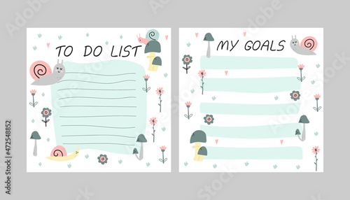 Planner. Cute snail cartoon notebook sheet, to do list and goals template, poster for kids, garden character childish stationery design with botanical elements, pastel colors, vector concept