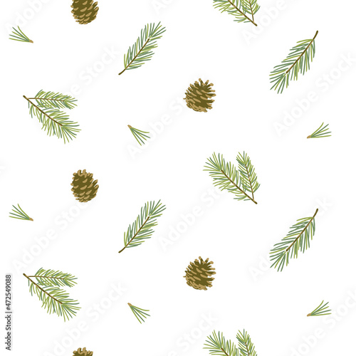 Vector seamless pattern with pine branch and pine cone