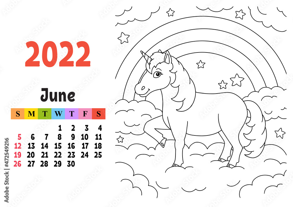 Calendar for 2022 with a cute character. Fairy unicorn. Coloring page. Fun and bright design. Isolated color vector illustration. cartoon style. Stock Vector | Adobe Stock Calendar for 2022 with a cute character. Fairy unicorn. Coloring page. Fun and bright design. Isolated color vector illustration. cartoon style. Stock Vector | Adobe Stock