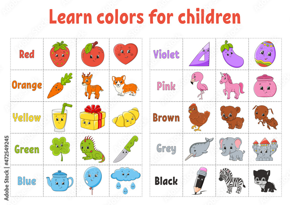 Learning colors. Flashcard for kids. Cute cartoon characters. Picture set for preschoolers. Education worksheet. Vector illustration. Stock Vector | Adobe Stock Learning colors. Flashcard for kids. Cute cartoon characters. Picture set for preschoolers. Education worksheet. Vector illustration. Stock Vector | Adobe Stock