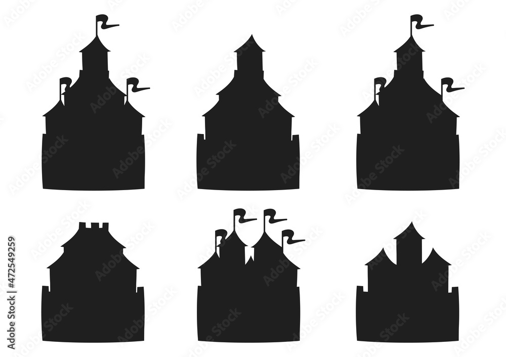 Fairytale castle. Black silhouette. Design element. Vector illustration isolated on white background. Template for books, stickers, posters, cards, clothes.