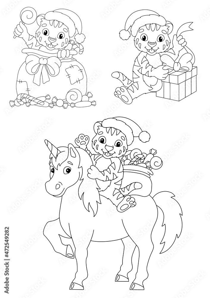 Obraz premium Set of cute Christmas tiger cubs. Coloring book page for kids. Cartoon style character. Vector illustration isolated on white background.