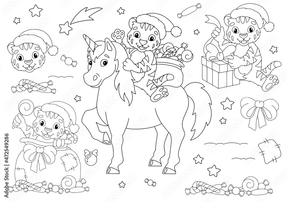 Set of naughty Christmas tiger cubs. Coloring book page for kids. Cartoon style character. Vector illustration isolated on white background. Set of naughty Christmas tiger cubs. Coloring book page for kids. Cartoon style character. Vector illustration isolated on white background.