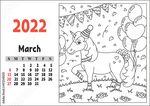 Calendar for 2022 with a cute character. Fairy unicorn. Coloring page. Fun and bright design. Isolated color vector illustration. cartoon style. © PlatypusMi86