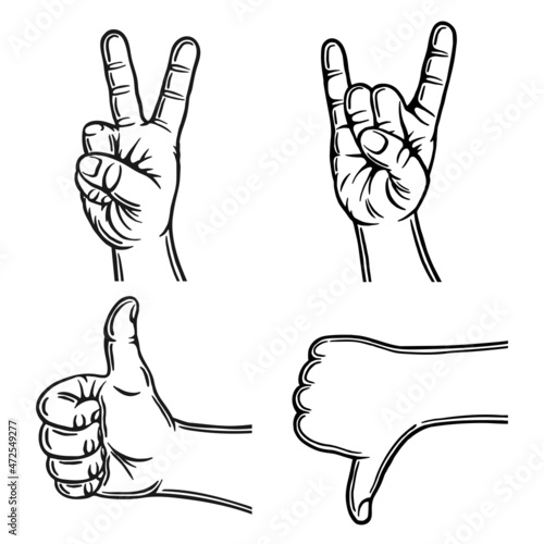 Hand gesture. Outline silhouette. Design element. Vector illustration isolated on white background. Template for books, stickers, posters, cards, clothes.