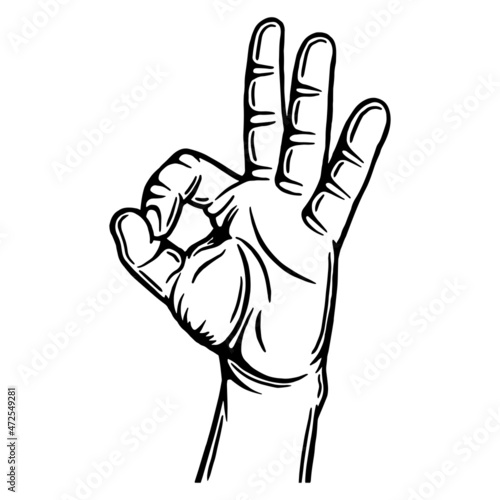 Male hand gestures. Okey sign. Outline silhouette. Design element. Vector illustration isolated on white background. Template for books, stickers, posters, cards, clothes.