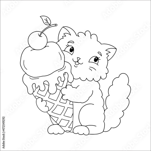 A cute fluffy cat holds delicious appetizing ice cream in its paws. Coloring book page for kids. Cartoon style. Vector illustration isolated on white background.