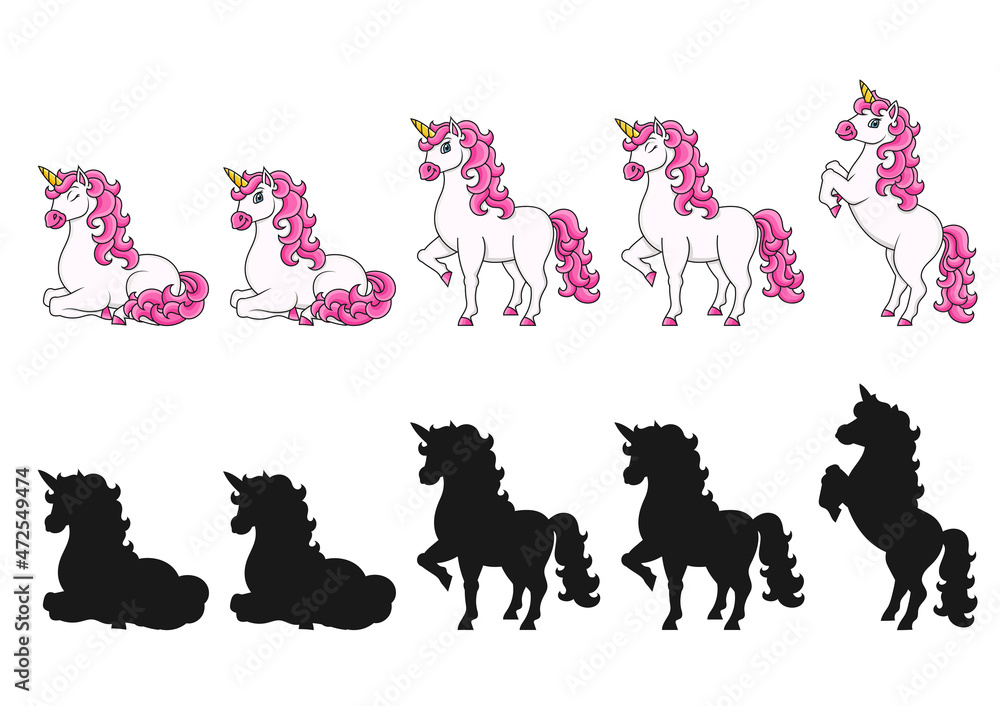 Cute unicorn. Magic fairy horse. Cartoon character. Black silhouette. Colorful vector illustration. Isolated on white background. Design element.