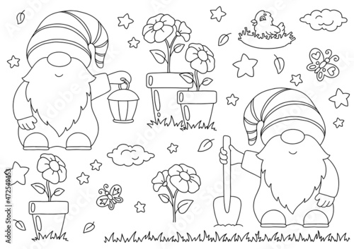 Set of cute garden gnomes with shovel and lantern. Coloring book page for kids. Cartoon style character. Vector illustration isolated on white background.