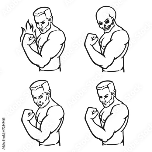 Male bodybuilder flexing his biceps. Outline silhouette. Design element. Vector illustration isolated on white background. Template for books, stickers, posters, cards, clothes.