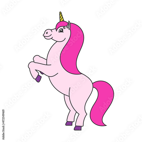 The magical unicorn reared up. The animal horse stands on its hind legs. Cartoon style. Simple flat vector illustration.