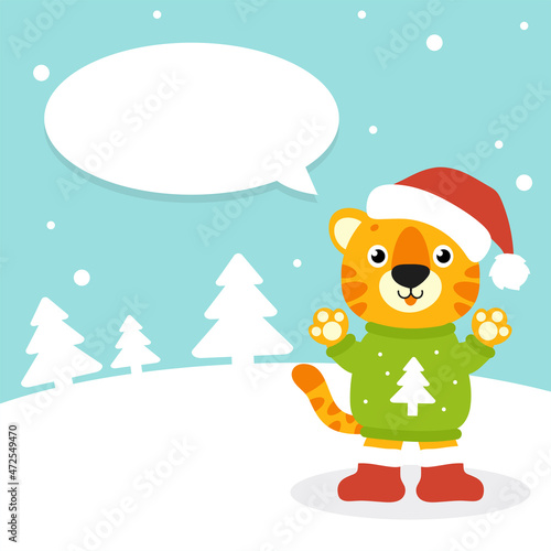 Gift color greeting card. Tiger simbol in a santa hat. Cute cartoon character. Happy New Year and Merry Christmas. Flat style. Vector illustration. photo