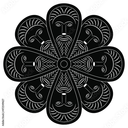 Round star shape or mandala with heads of pagan Celtic god. Face of bearded man. Black and white negative silhouette.