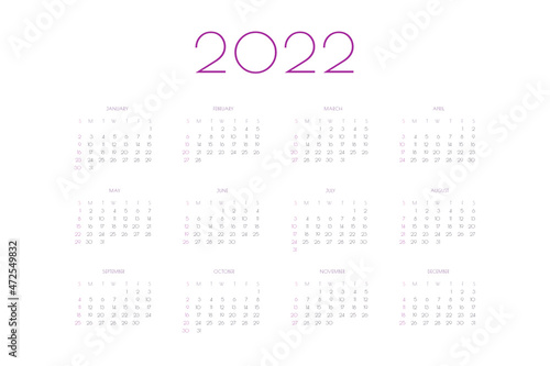 2022 calendar template individual planner in minimalist classic style. Week starts on sunday