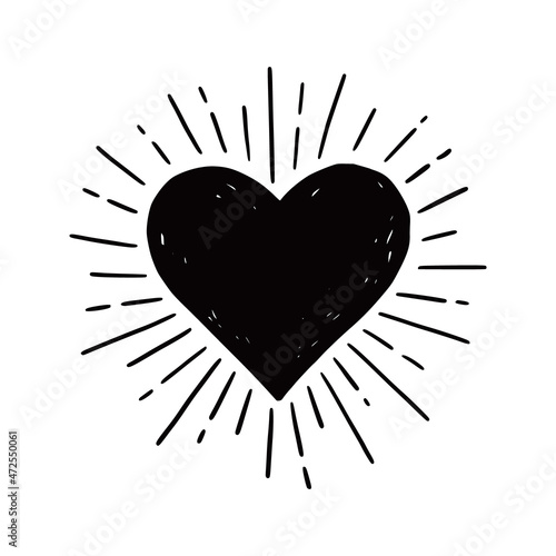 Heart hipster sunburst. Hand drawn sketch style. Black heart vector illustration for grunge frame, love quote.
